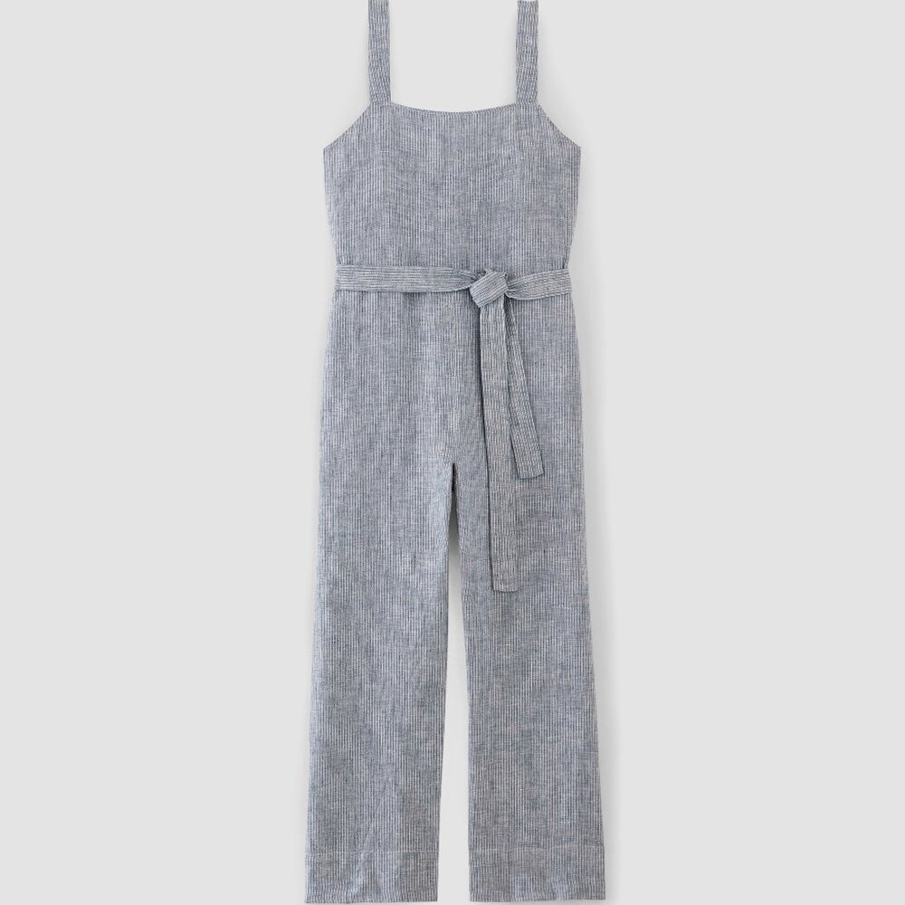 Everlane Women's Linen Side-Button Jumpsuit in White/Blue, Size 2